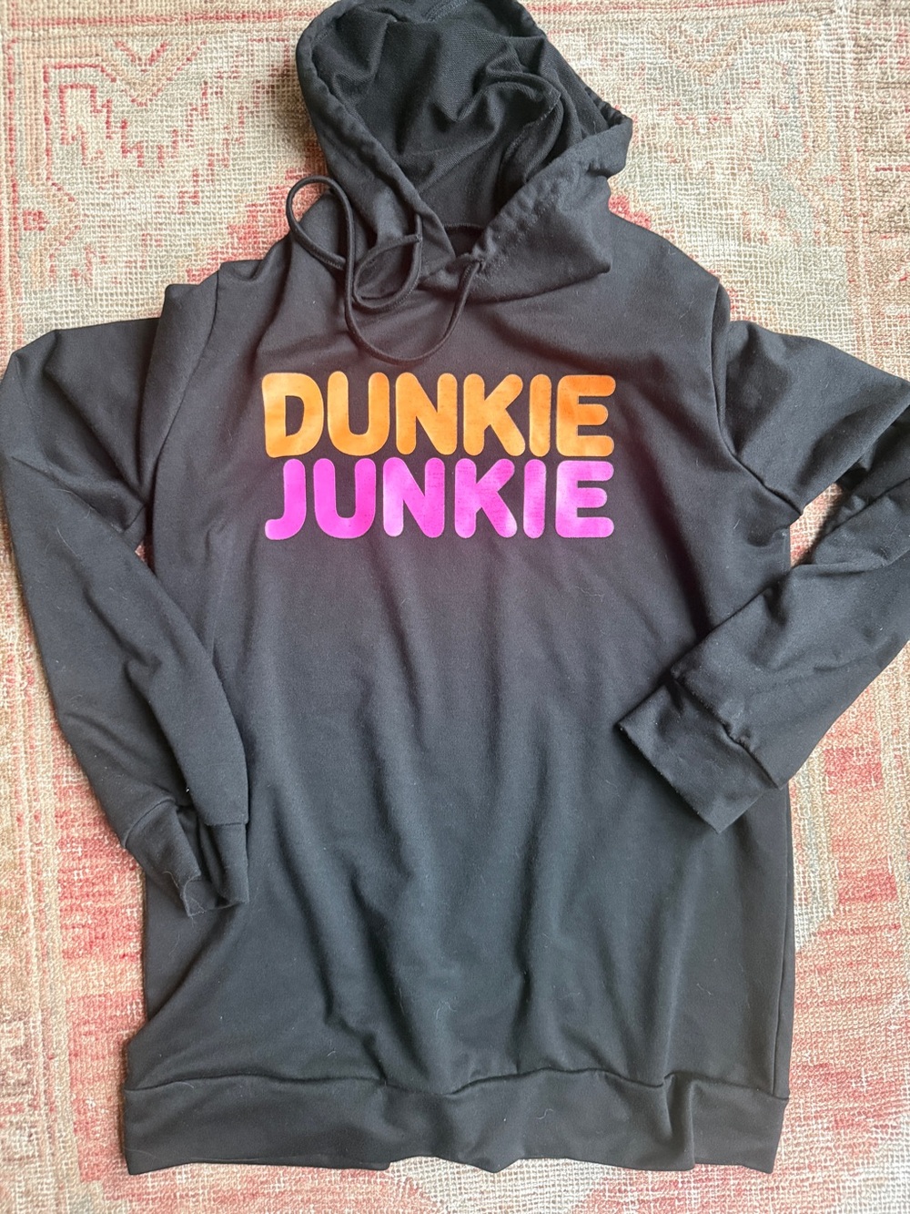 Black Dunkin Athleisure Hoodie with Orange and Pink 'DUNKIE JUNKIE' Graphic